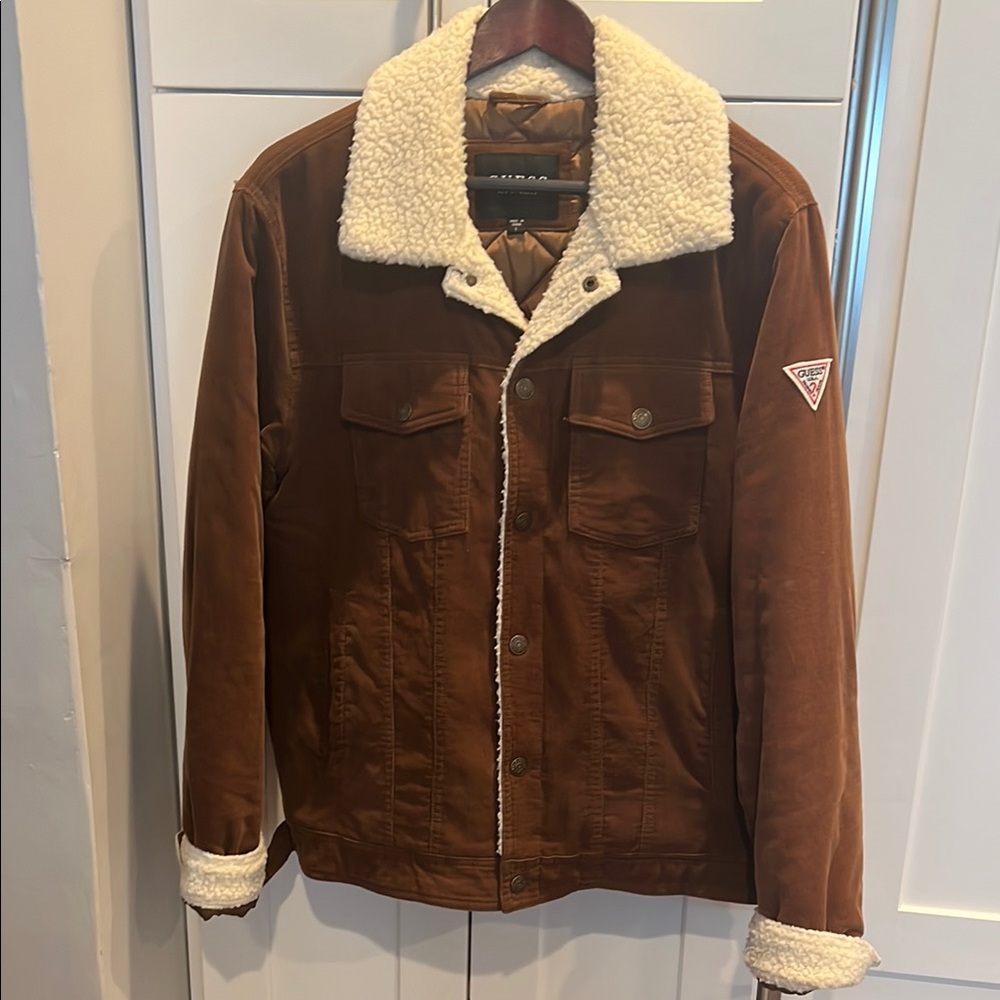 Guess Brown Tan Lightweight Suede Jacket with Shearling Collar